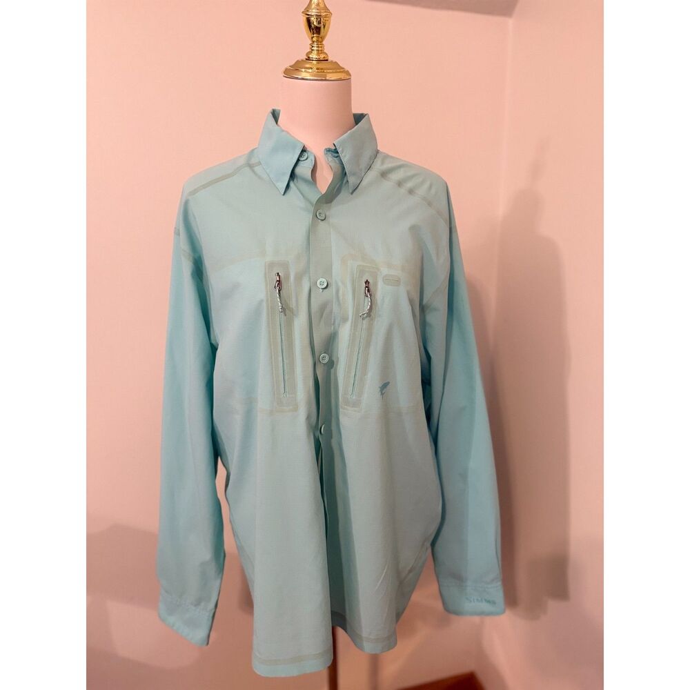 Simms Men’s M Vented Fishing Shirt Aqua Dual Zip Pockets Fly Fishing Technical